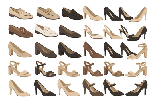 Variety of shoe designs displayed on a white background with different styles and colors for footwear choices