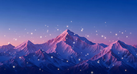Snowy mountain range under a dusk sky with shining snowflakes, symbolizing winter, cold weather and festive time, a scenic landscape wallpaper