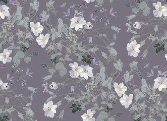 Flowers and leaves in vintage style, seamless pattern	