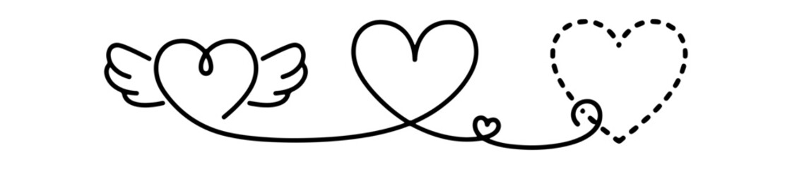 Set of four simple black line heart icons. Minimalist vector love symbols with and without reflections, ideal for Valentine's Day design.