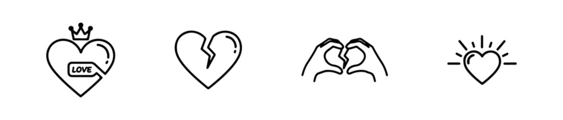 Set of four simple black line heart icons. Minimalist vector love symbols with and without reflections, ideal for Valentine's Day design.