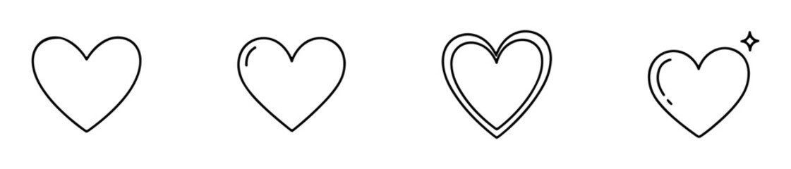 Set of four simple black line heart icons. Minimalist vector love symbols with and without reflections, ideal for Valentine's Day design.