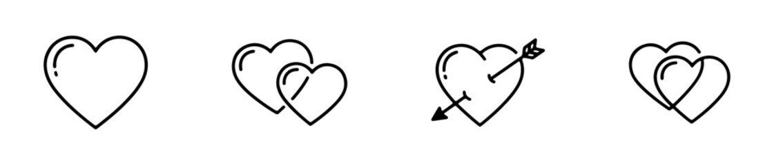 Set of four simple black line heart icons. Minimalist vector love symbols with and without reflections, ideal for Valentine's Day design.