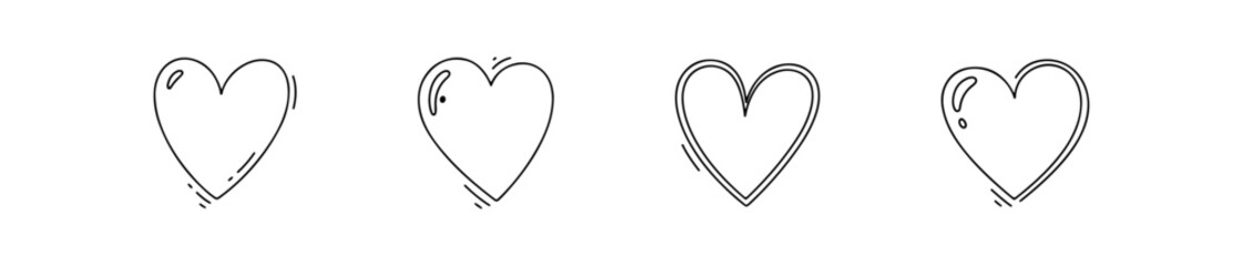 Set of four simple black line heart icons. Minimalist vector love symbols with and without reflections, ideal for Valentine's Day design.