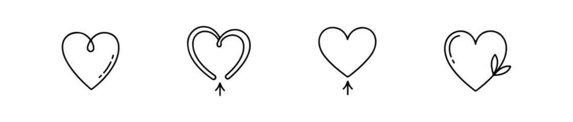Set of four simple black line heart icons. Minimalist vector love symbols with and without reflections, ideal for Valentine's Day design.