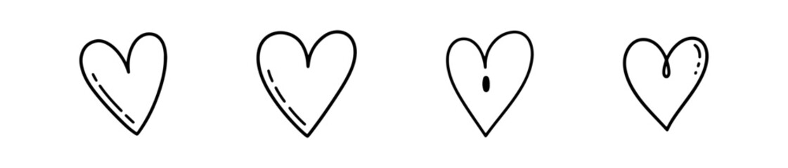 Set of four simple black line heart icons. Minimalist vector love symbols with and without reflections, ideal for Valentine's Day design.