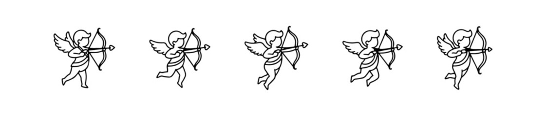 Set of four linear cupid icons. Vector illustrations of flying angels shooting arrows with hearts, perfect for romantic Valentine's Day designs.