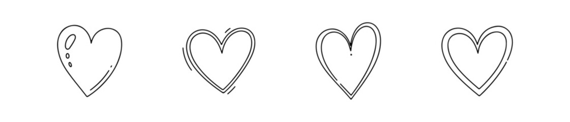 Set of four simple black line heart icons. Minimalist vector love symbols with and without reflections, ideal for Valentine's Day design.
