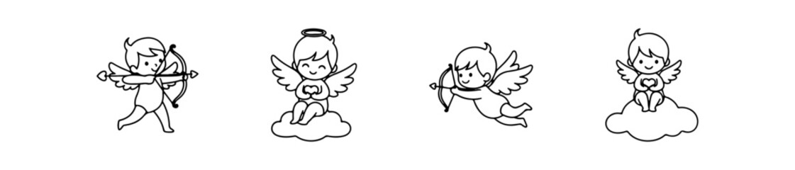 Set of four linear cupid icons. Vector illustrations of flying angels shooting arrows with hearts, perfect for romantic Valentine's Day designs.