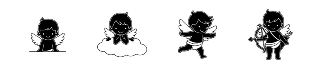 Set of four linear cupid icons. Vector illustrations of flying angels shooting arrows with hearts, perfect for romantic Valentine's Day designs.