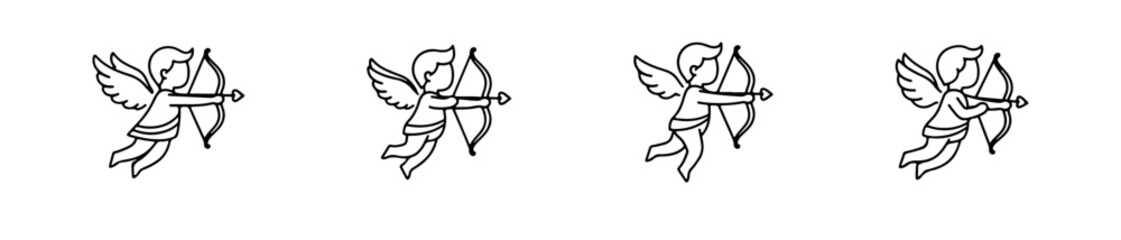 Set of four linear cupid icons. Vector illustrations of flying angels shooting arrows with hearts, perfect for romantic Valentine's Day designs.