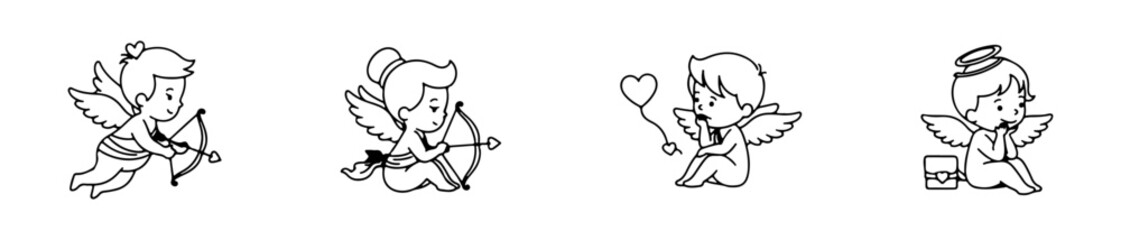 Set of four linear cupid icons. Vector illustrations of flying angels shooting arrows with hearts, perfect for romantic Valentine's Day designs.