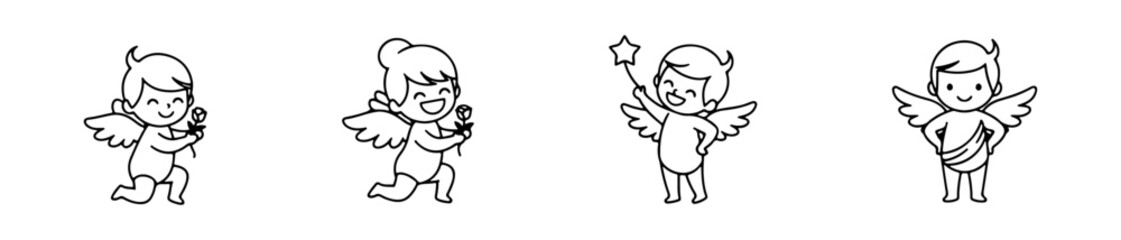Set of four linear cupid icons. Vector illustrations of flying angels shooting arrows with hearts, perfect for romantic Valentine's Day designs.