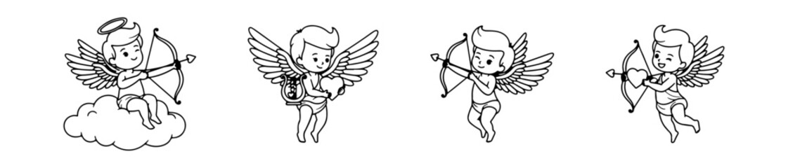 Set of four linear cupid icons. Vector illustrations of flying angels shooting arrows with hearts, perfect for romantic Valentine's Day designs.