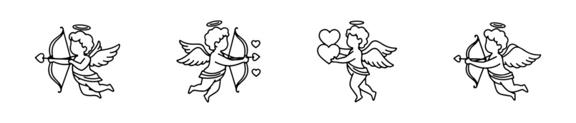 Set of four linear cupid icons. Vector illustrations of flying angels shooting arrows with hearts, perfect for romantic Valentine's Day designs.