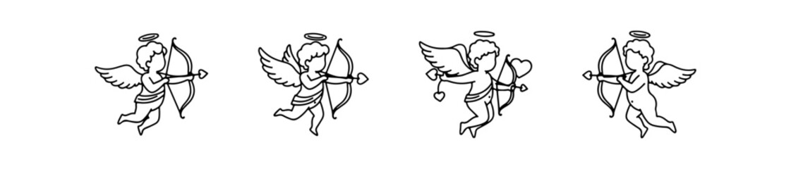 Set of four linear cupid icons. Vector illustrations of flying angels shooting arrows with hearts, perfect for romantic Valentine's Day designs.