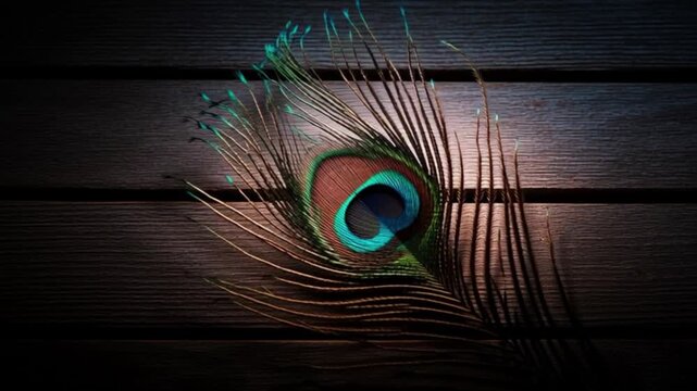 Peacock feather placed on wooden surface showing vibrant colors natural texture spiritual symbolism beauty pattern softness cultural significance artistic detail graceful design sacred element