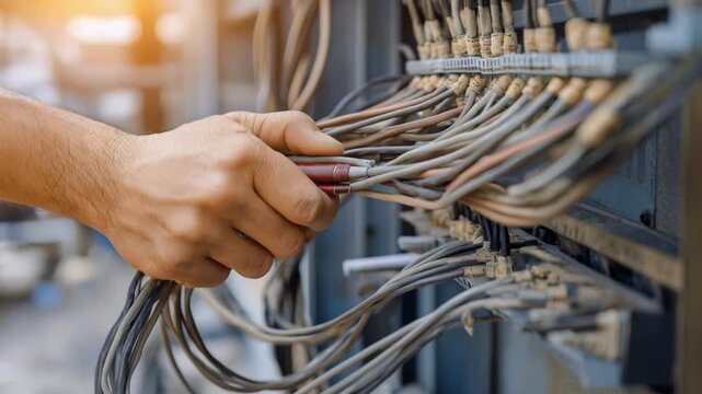 Technician inspecting and securing connected cables during daylight emphasizing detailed and timely repair for uninterrupted service.