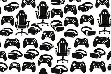 Pattern of gaming chairs and controllers on a white background depicting various gaming equipment and accessories