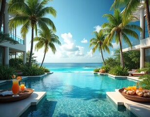 Fototapeta premium Luxury resort infinity pool overlooking ocean. Tropical palm trees surround serene blue water. Refreshing drinks rest on trays near pool edge, offering ultimate relaxation and vacation vibes.