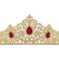 Ornate gold tiara with red gemstones on white background