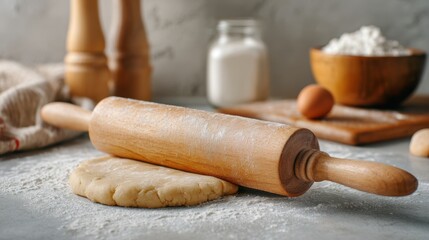 Rolling cookie dough with a wooden rolling pin on a floured surface in a warm kitchen setting