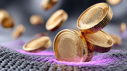 digital jackpot explosion with neon lights and golden coins in cyber world, online casino celebration,glowing poker chips floating in air