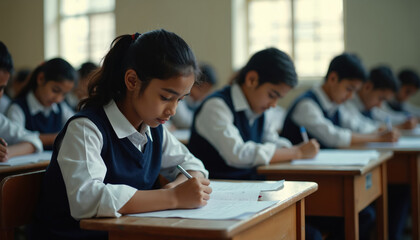 Indian school children in uniform write exam papers in a classroom. Students focus intently on tests. Young learners concentrate on academic evaluation during study session.