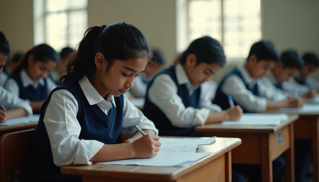 Indian school children in uniform write exam papers in a classroom. Students focus intently on tests. Young learners concentrate on academic evaluation during study session.