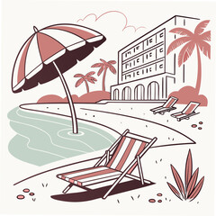 Hand drawn beach shears with umbrella. Doodle vector vintage sunbed illustration. Pool, hotel resort, lounge outdoor furniture. Sun shadow seat with parasol. Sea vacation design element