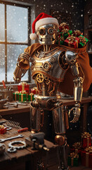 Steampunk robot with Santa hat and gift bag, standing in workshop during snowfall, representing festive celebration and technological innovation