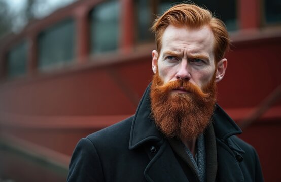 Portrait of a serious man with long red beard and stylish ginger hair. Handsome caucasian male with a thoughtful expression stands outdoors. A masculine model wears a dark coat on a cool autumn day.