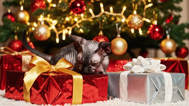 A Sphynx cat sits amongst Christmas gifts under a decorated tree, with warm lighting and ornaments