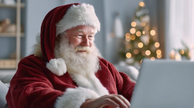 Santa interacts on video call in modern home office with festive decor during holiday season - Powered by Adobe
