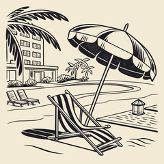 Hand drawn beach shears with umbrella. Doodle vector vintage sunbed illustration. Pool, hotel resort, lounge outdoor furniture. Sun shadow seat with parasol. Sea vacation design element