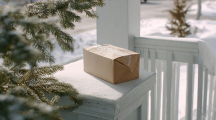 Cardboard package on a snow-dusted porch with frosted railing and evergreen branches in winter light