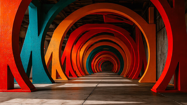 Passage avec poutre color&eacute;es arrondies, construction design