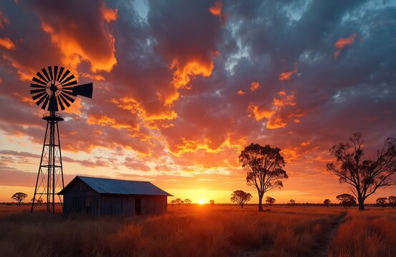 Australian outback farm at sunset with windmill, shed and gum trees. Golden hour light shines across dry grass fields. Fiery sky painted with dramatic clouds above rural landscape.