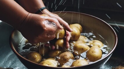 Hands washing fresh potatoes under water stream in kitchen bowl showing cleaning process preparation cooking vegetables hygiene food safety rinsing dirt healthy meal ingredient farmhouse style - Powered by Adobe
