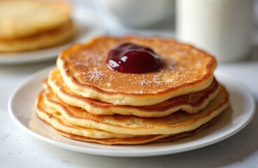 Stack of golden thin pancakes with berry jam topping. Served on white plate, dusted with sugar. Another pile of pancakes blurred in background. Breakfast or brunch food photography.