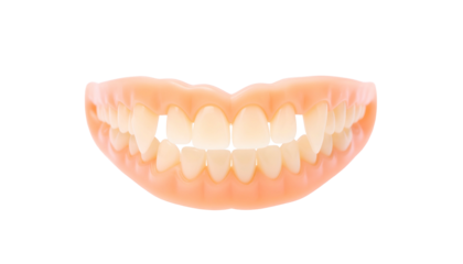 A full set of upper and lower dentures, isolated against a solid black background