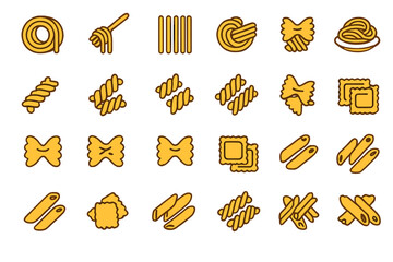 Collection of different types of pasta shapes arranged in a grid on a plain background for culinary reference and design inspiration