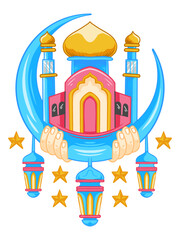 Vibrant Mosque and Crescent Moon with Lanterns