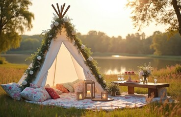Elegant white teepee tent decorated with fresh flowers, foliage by calm lake. Cozy cushions, glowing lanterns, candles, desserts on low wooden table. Beautiful outdoor setting for romantic picnic,