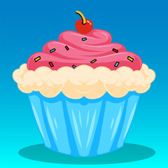 Sweet Cartoon Cupcake with Pink Frosting, Sprinkles, and Cherry