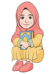 Young Muslim Girl in Hijab Holding a Holy Book