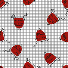 Red Woolen Beanie on Checkered Background Vector Seamless Pattern