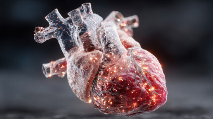 Human heart anatomy with transparent outer layer and glowing internal energy, symbolizing organ donation, advanced cardiac science, and medical biotechnology innovation for transplantation