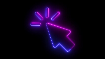 Glowing neon line animation click cursor icon clicking over black background. Neon mouse cursor arrow icon. Glowing neon arrow cursor icon ,Animated glowing white neon click cursor arrow on ,