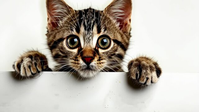 A playful kitten with striking eyes peeks over a smooth surface, showcasing its adorable, curious nature in a bright setting
